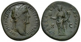 Antoninus Pius, 138-161 Sestertius 145-161, Æ 32mm., 25.10g. Laureate head r. Rev. Liberalitas standing l., holding abacus and cornucopia. RIC 776. C ...