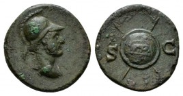 Anonymous, Time of Domitian to Antoninus Pius (81-161). Quadrans circa 81-161, Æ 17.5mm., 3.21g. Draped and helmeted bust of Mars r. Rev. Shield on wh...