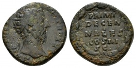 Marcus Aurelius, 161-180 Dupondius 170-171, Æ 23.5mm., 12.56g. IMP M ANTONINVS AVG TR P XXV Radiate head r. Rev. PRIMI / DECEN / NALES / COS III / S C...