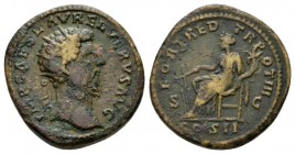 Lucius Verus, 161-169 Dupondius 163, Æ 26.5mm., 14.49g. IMP CAES L AVREL VERVS AVG Radiate head r. Rev. FORT RED TR POT III COS II Fortuna seated left...