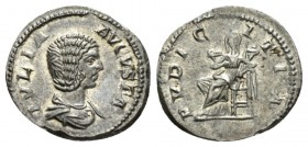 Julia Domna, wife of Septimius Severus Denarius 196 - 211, AR 18.5mm., 3.18g. IVLIA AVGVSTA Draped bust r. Rev. PVDICITIA Pudicitia veiled seated l. h...