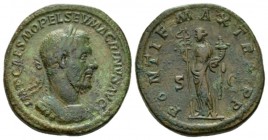 Macrinus, 217-218 Sestertius 217, Æ 31.5mm., 28.61g. IMP CAES M OPEL SEV MACRINVS AVG Laureate and cuirassed bust r. Rev. PONTIF MAX TR P P P Felicita...