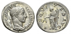Severus Alexander, 222-235 Denarius 222-235, AR 19.5mm., 3.14g. IMP C M AVR SEV ALEXAND AVG Laureate and draped bust r. Rev. AEQVITAS AVG Aequitas sta...