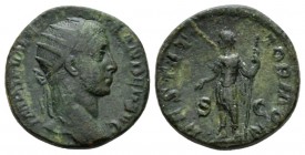 Severus Alexander, 222-235 Dupondius 222-231, Æ 23.5mm., 10.57g. IMP SEV ALE - XANDER AVG Radiate head r. Rev. RESTITV - TOR MON Emperor, in military ...