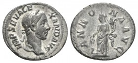 Severus Alexander, 222-235 Denarius 228-231, AR 20mm., 3.34g. Laureate head r. Rev. Annona standing l., right foot on prow, holding grain ears and cor...