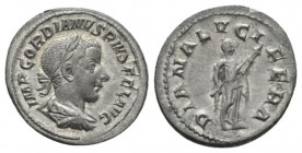 Gordian III, 238-244 Denarius 241, AR 20.5mm., 3.12g. IMP GORDIANVS PIVS FEL AVG Laureate, draped and cuirassed bust r. Rev. DIANA LVCIFERA Diana stan...