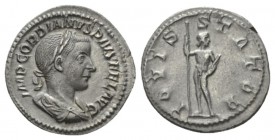 Gordian III, 238-244 Denarius 241-243, AR 20.5mm., 2.86g. Laureate, draped, and cuirassed bust r. Rev. IOVIS STATOR Jupiter standing r., holding thund...