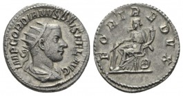 Gordian III, 238-244 Antoninianus 243-244, AR 21.5mm., 4.15g. Radiate, draped and cuirassed bust r. Rev. FORT REDVX Fortuna seated l., holding rudder ...
