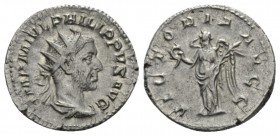 Philip I, 244-249 Antoninianus 244-247, AR 23mm., 3.62g. Radiate, draped, and cuirassed bust r. Rev. Victory standing l., holding wreath and palm. RIC...