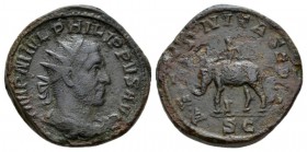 Philip I, 244-249 Dupondius 244-249, Æ 26.5mm., 13.71g. Radiate, draped, and cuirassed bust r. Rev. AETERNITAS AVG Elephant walking l., guided by maho...