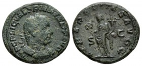 Valerian I, 253-260 As 253, Æ 24.5mm., 11.60g. IMP C P LIC VALERIANVS P F AVG Laureate, draped and cuirassed bust r. Rev. LIBERALITAS Liberalitas stan...