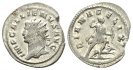Gallienus, 253-268 Antoninianus Mediolanum 258-259, AR 23.5mm., 3.22g. Radiate bust l. Rev. Diana advancing right, drawing arrow and holding bow; houn...