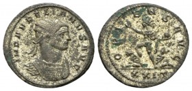 Aurelian, 270-275 Antonianus 274-275, billon 23.5mm., 4.67g. Radiate and cuirassed bust r. Rev. Sol standing l., raising hand and holding whip, with f...