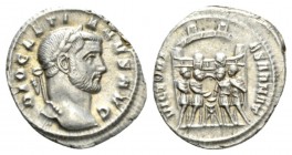 Diocletian, 284-305 Argenteus Rome circa 294, AR 18.5mm., 3.30g. DIOCLETI – ANVS AVG Laureate head r. Rev. VICTORI – A SARMAT Six-turreted campgate wi...