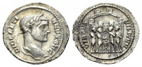 Diocletian, 284-305 Argenteus Rome circa 294, AR 20mm., 3.14g. DIOCLETIANVS AVG Laureate head r. Rev. VIRTVS MILITVM Six-turreted camp gate with the f...