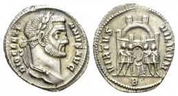 Diocletian, 284-305 Argenteus Rome circa 295-297, AR 19.5mm., 3.45g. DIOCLETI – ANVS AVG Laureate head r. Rev. VIRTVS – MILITVM The four tetrarchs sac...