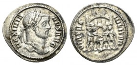 Maximianus Herculius, 286-310 Argenteus Rome circa 294, AR 20.5mm., 3.24g. MAXIMIANVS AVG Laureate head r. Rev. VIRTVS MILITVM Turreted camp gate with...