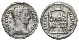 Galerius Maximianus caesar, 293 – 305 Argenteus Rome circa 295-297, AR 18mm., 3.05g. MAXIMIANVS CAES Laureate bust r. Rev. VIRTVS MILITVM The four tet...