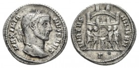 Galerius Maximianus caesar, 293 – 305 Argenteus Rome circa 295-297, AR 18mm., 3.14g. MAXIMIANVS CAES Laureate bust r. Rev. VIRTVS MILITVM The four tet...