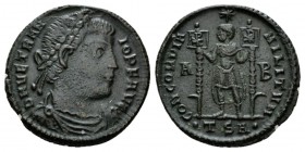 Vetranio, March – 25th December 350 Follis Thessalonica 350, Æ 23.5mm., 4.58g. Diademed and draped bust r. Rev. Emperor standing l., between two vexil...