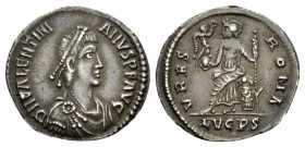 Valentinian II, 375-392 Siliqua Lugdunum 389-390, AR 20mm., 1.86g. D N VALENTINIANVS P F AVG Diademed, draped and cuirassed bust r. Rev. VRBS ROMA Rom...