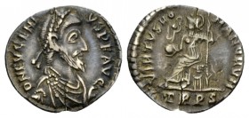 Eugenius, 392-394 Siliqua Treveri 392-394, AR 18mm., 1.68g. D N EVGENI – VS P F AVG Pearl-diademed, draped and cuirassed bust r. Rev. VIRTVS RO – MANO...