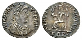 Arcadius, 383-408 Siliqua 392-395, AR 16.5mm., 1.52g. Pearl-diademed, draped, and cuirassed bust r. Rev. Roma seated l. on cuirass, holding Victory on...