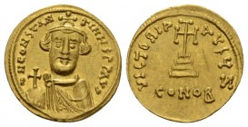 Constans II, 641-668 Solidus 650-651, AV 20.5mm., 4.44g. Bust facing, with short beard and moustache, wearing crown and chlamys, and holding globus cr...