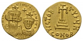 Heraclius, 610 – 641, and associate rulers Solidus 654-659, AV 19.5mm., 4.44g. dN CONSTAN – TINYS CCONSTA Facing busts of Constans on l. and Constanti...