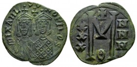 Michael II the Armorian, 820 – 829, with Theophilus from 821 (or 822) Follis 821-829, Æ 29.5mm., 7.30g. Facing busts of Michael, on l., wearing chlamy...
