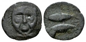 Hispania, Gades Half Unit circa 235-200, Æ 20mm., 2.60g. Head of Melqart (Herakles) facing, wearing lion skin. Rev. Two tunnies r. Burgos 1047. CNH 27...
