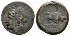 Gallia, Massalia Bronze circa 240-215, Æ 23.5mm., 8.69g. Laureate head of Apollo l. Rev. Bull butting r.; above, crescent . Cf. Depeyrot, Marseille 14...