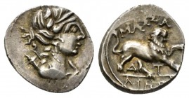 Gallia, Massalia Drachm circa 130-121, AR 16.5mm., 2.68g. Bust of Artemis r. Rev. Lion advancing r. BN 1216

Nicely toned. Extremely Fine.

From t...