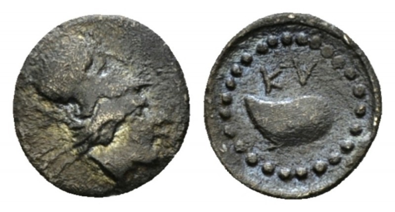 Campania, Cumae Obol circa 460-421, AR 10mm., 0.74g. Helmeted head of Athena r. ...