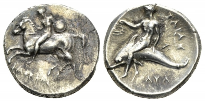 Calabria, Tarentum Nomos circa 302-280, AR 21.5mm., 7.87g. Horseman l., holding ...