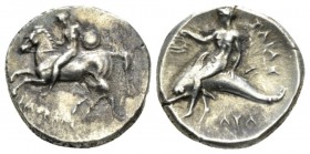 Calabria, Tarentum Nomos circa 302-280, AR 21.5mm., 7.87g. Horseman l., holding shield. Rev. Dolphin rider l. holding wreath. Vlasto 687. Historia Num...