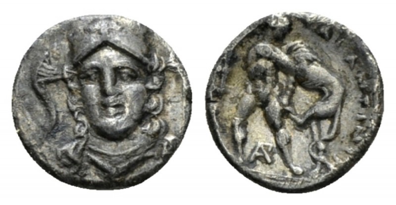 Calabria, Tarentum Diobol circa 280-228, AR 1.00mm., 1.00g. Head of Athena facin...