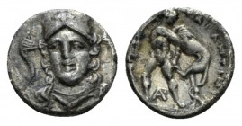 Calabria, Tarentum Diobol circa 280-228, AR 1.00mm., 1.00g. Head of Athena facing slightly l., wearing triple crested helmet. Rev. Herakles strangling...
