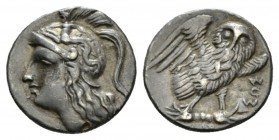 Calabria, Tarentum Drachm circa 280-272, AR 15.5mm., 2.01g. Helmeted head of Athena l. Rev. Owl standing r., head facing, on thunderbolt; in r. field,...