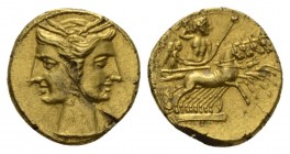 Bruttium, Carthaginian occupation Three-eighths Shekel circa 215-205, EL 14mm., 2.72g. Janiform head of Tanit, wearing wreath of grain ears. Rev. Zeus...