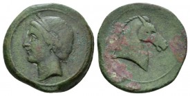 Bruttium, Locri Bronze circa 215-205, Æ 25mm., 11.84g. Head of Tanit l. Rev Horse head r.; in front punic letter aleph. Robinson, NC 1964, Pl. VII, 4....