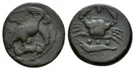 Sicily, Akragas Tetras circa 425-406, Æ 20mm., 7.39g. AKPA Eagle flying r., holding hare with claws Rev. Crab; below, three pellets and cryfish l. Cal...