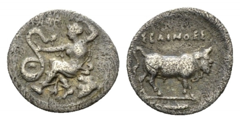 Sicily, Selinus Litra circa 400, AR 11.5mm., 0.68g. Nymph seated l. on rock, her...