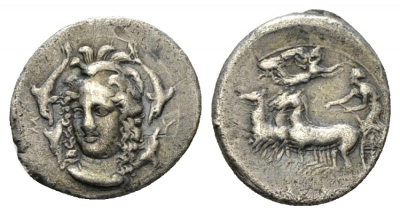 Sicily, Syracuse Hemidrachm circa 405., AR 15mm., 2.08g. Head of Athena facing t...