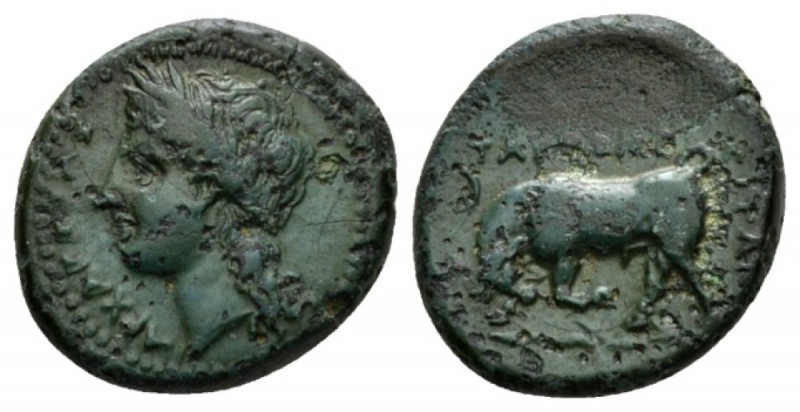 Sicily, Tauromenium Bronze circa 344-336, Æ 20mm., 6.49g. ΑΡΧΑΓΕΤΑ Laureate head...