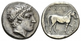 Kingdom of Macedon, Archelaus 413-399 Stater 413-399, AR 22.5mm., 10.72g. Head of Apollo right, wearing taenia. Rev. APXE - ΛAO Horse walking right, w...