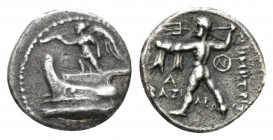 Kingdom of Macedon, Demetrios Poliorketes 294-288 Tarsos Hemidrachm circa 295, AR 13.5mm., 1.98g. Nike, blowing trumpet and cradling stylis in her rig...