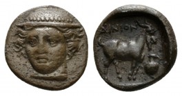 Thrace, Ainos Drachm Ainos circa 396-393, AR 13.5mm., 2.54g. Head of Hermes facing, wearing a petasos. Rev. ΑΙΝΙΟΝ Male goat, with somewhat curved hor...
