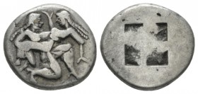 Island of Thrace, Thasos Stater circa 525-426, AR 21mm., 7.32g. Satyr advancing r., carrying off protesting nymph. Rev. Quadripartite incuse square.
...