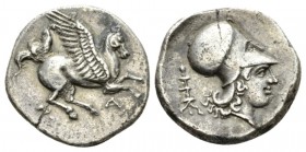 Colonies of Corinth, Ambracia Stater circa 360-338, AR 22.5mm., 8.28g. Pegasus flying r.; below A. Rev. Head of Athena r, behind thymiaterion. Calciat...